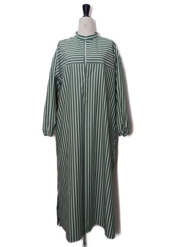 画像1: Cristaseya　 22SR-ST-GR-WH 　 SHIRT DRESS WITH GATHERED SLEEVES　 col.GREEN / WHITE STRIPES