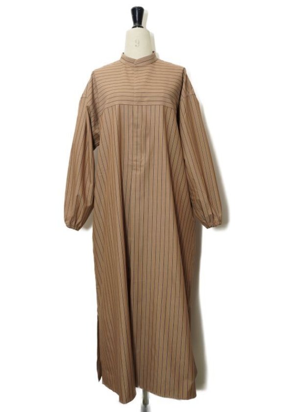 画像1: Cristaseya　 22SR-ST-NO-BR 　 SHIRT DRESS WITH GATHERED SLEEVES　 col.NOISETTE / BROWN STRIPES