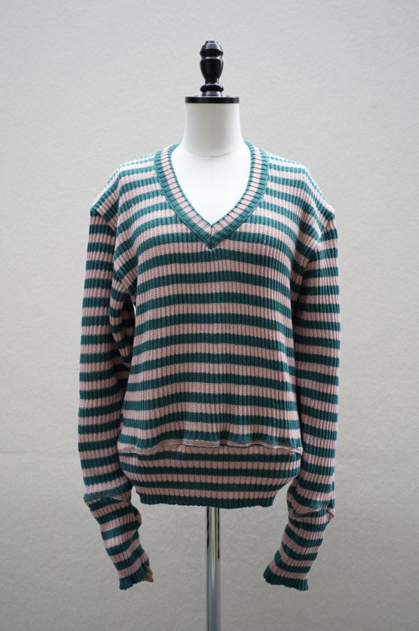 画像1: Cecile Tulkens　 JUMPER CT LTD V NECK COTTON GARMENT　 col. GREEN/PINK (1)
