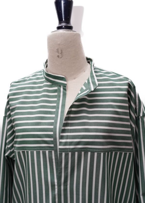 画像1: Cristaseya　 22SR-ST-GR-WH 　 SHIRT DRESS WITH GATHERED SLEEVES　 col.GREEN / WHITE STRIPES (1)