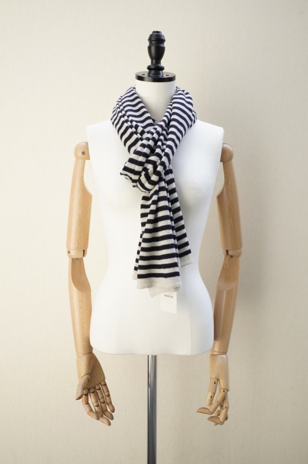 画像1: eleven 2nd　 Cashmere no.1　 Border Stole　 col. White Smoke / Navy (1)