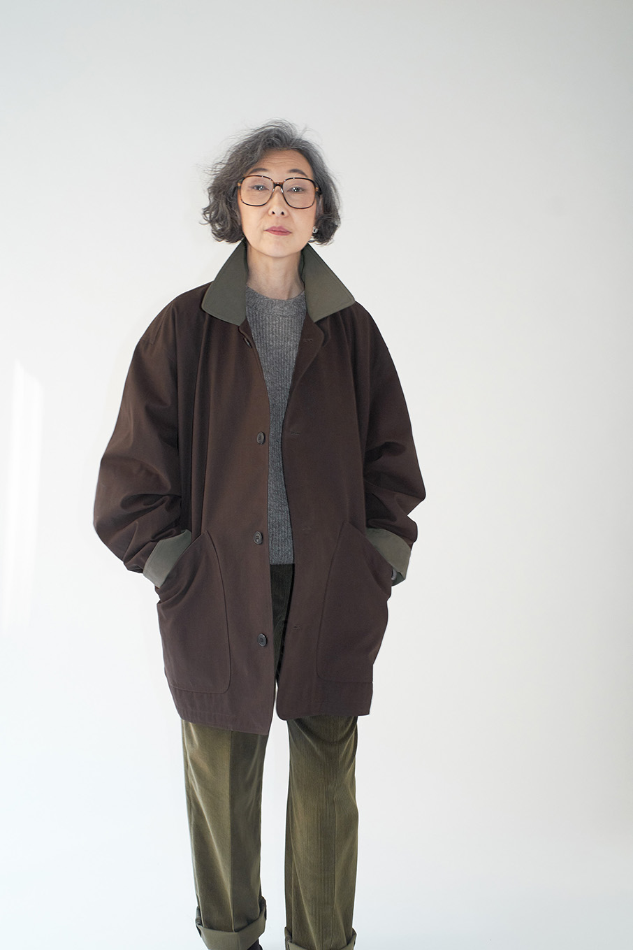 Cristaseya COTTON OVERSIZED BLOUSON WITH LEATHER PATCH col.BROWN